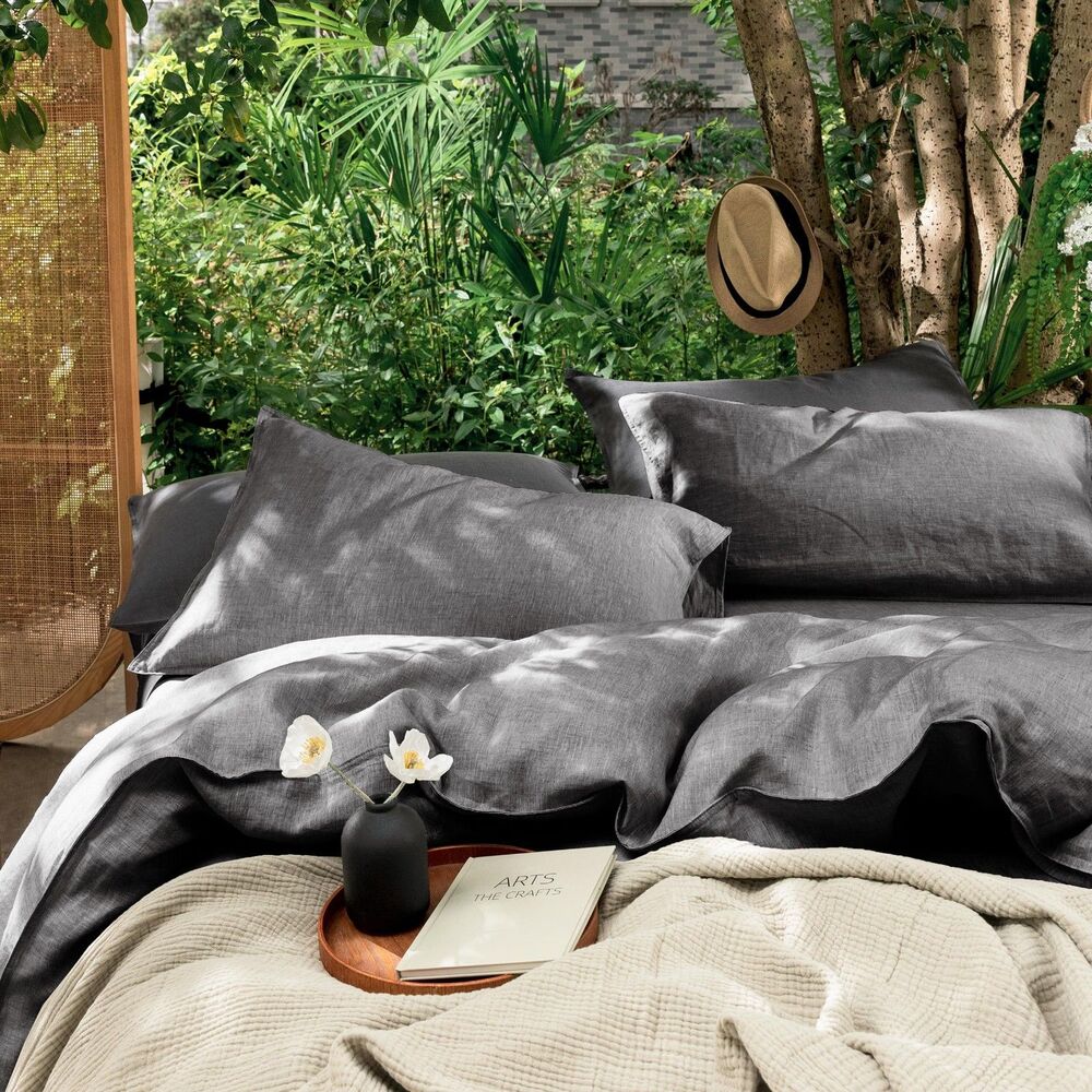 Set of 2, Linen Blend Cotton Pillow Case, Standard Size 20x26 Inches, Dark Grey